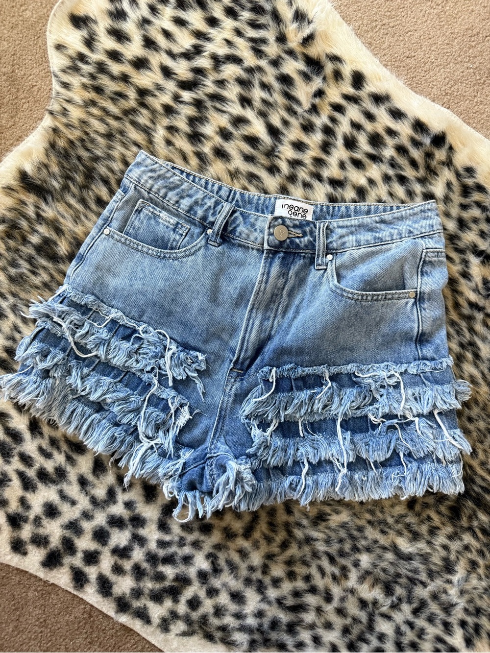 Denim Fringe Ruffle High-Waist Shorts - Light Blue